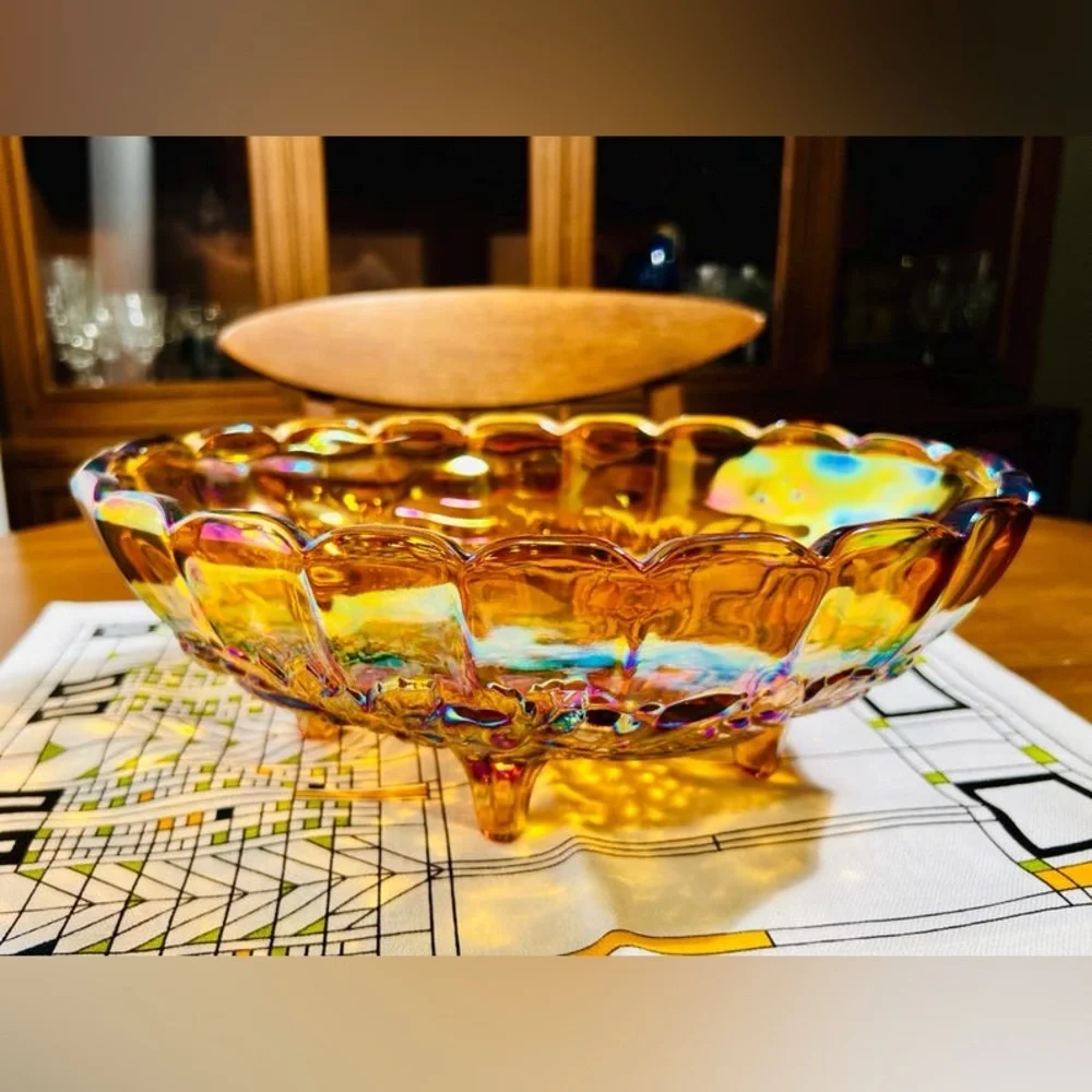 Vintage Indiana Glass Footed Amber Oval Carnival Glass Bowl